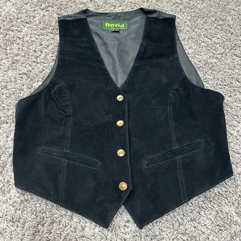 David American Fashion Womens Black‎ Leather Vest snap Buttons Pockets med